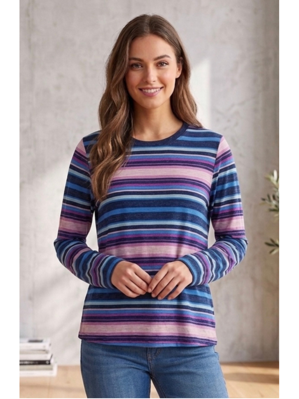 Lane Bryant long sleeve stripe tee blue purple teal cotton poly women 10 12 EUC
